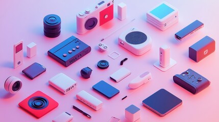 Poster - Colorful Electronic Gadgets Arranged On Pink Surface