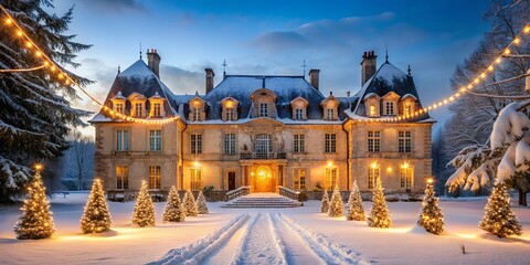 Wall Mural - Elegant Winter Castle with Christmas Lights at Dusk