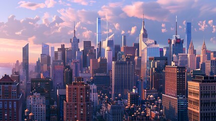 Wall Mural - A vibrant city skyline at sunset showcasing modern skyscrapers and architectural diversity.