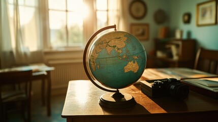 Poster - Globe sits on wooden desk in sunlit room