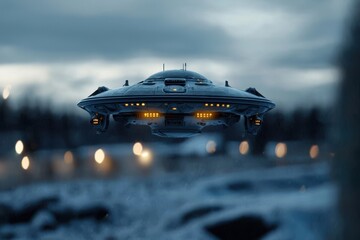 Wall Mural - A spaceship is flying through the sky with a bright yellow light on the side