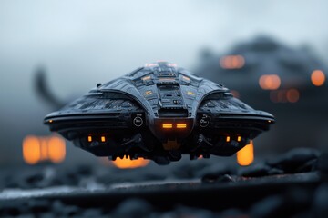 Wall Mural - A small spaceship is flying through the sky above a rocky surface