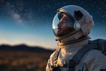 Wall Mural - A man in a space suit is looking up at the stars