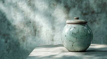 Poster - A Teal Ceramic Jar Rests On A Wooden Surface