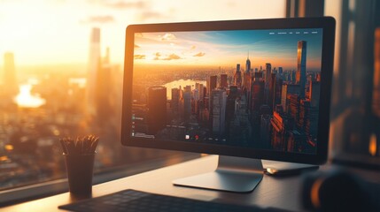 Poster - Sunset Cityscape Displayed On Modern Desktop Computer