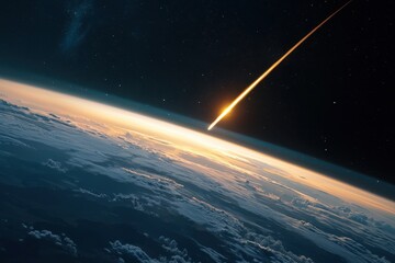 Wall Mural - a bright orange streak of light is seen in the sky above the earth