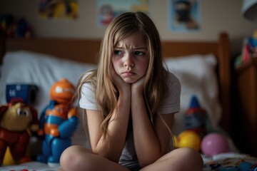 A girl is sitting on a bed with a stuffed animal on her lap