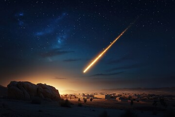 Wall Mural - a bright orange meteor streaks across the night sky above a desert landscape