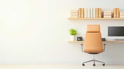 Poster - A spacious corporate office desk with a high back leather chair, a desktop computer with multiple monitors, a landline phone, and a neatly organized stack of files, conveying a sense of
