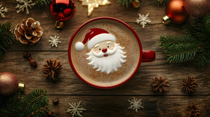 Wall Mural - A warm cup of coffee featuring foam art shaped like Santa Claus, placed in a red cup on a rustic wooden table, surrounded by Christmas decorations, evoking holiday cheer, top view