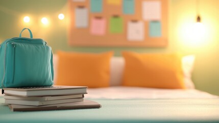 Poster - A student desk in a dorm room, showcasing a laptop, a stack of textbooks, a bulletin board with notes and reminders, and a personalized touch with photos and mementos.