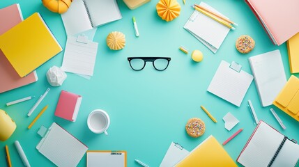 Poster - A student desk cluttered with textbooks, papers, stationery, and a half eaten snack, capturing the reality of student life and the pressure of exams.