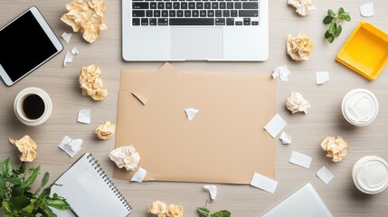 Poster - A cluttered desk with a laptop partially obscured by takeout containers, empty coffee cups, and crumpled notes, portraying a late night work session or a deadline driven environment.