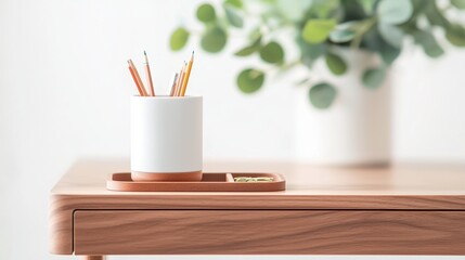 Poster - A desk with a drawer organizer, featuring compartments for pens, pencils, paper clips, and other small office supplies, highlighting a practical and space saving solution.