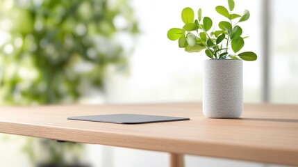 Poster - A desk with a wireless charging pad for smartphones and other devices, emphasizing a clutter free and technologically advanced workspace.