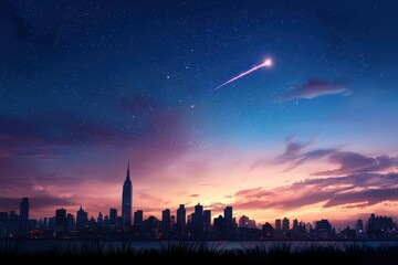 Wall Mural - a city skyline is lit up by the sun as it sets