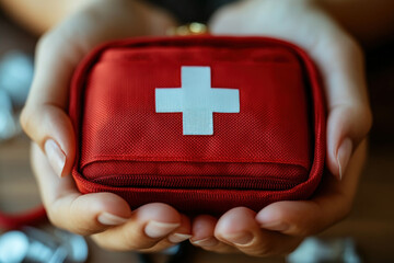 a person holding a first aid kit in hand, ready to provide emergency medical assistance.