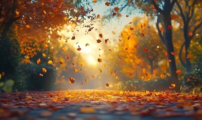 Poster - A serene autumn scene with colorful leaves falling gently on a sunlit path, surrounded by trees and a warm, inviting atmosphere.