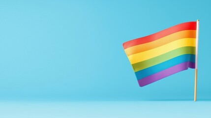 Poster - A large rainbow flag waving proudly in the wind against a clear blue sky, symbolizing LGBTQ pride, visibility, and the ongoing fight for equality.