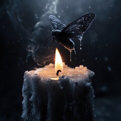 A mesmerizing moth perched on a dripping candle, creating a mystical atmosphere.