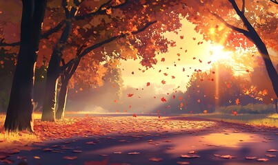 Poster - A serene autumn scene featuring a sunlit path lined with vibrant orange and red leaves, creating a warm and inviting atmosphere.