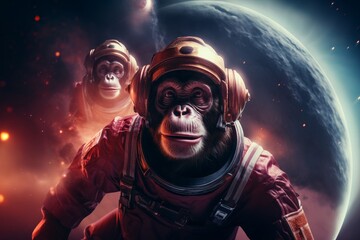 Wall Mural - A group of monkeys dressed as astronauts explore space.