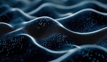 Poster - Abstract Representation of Waves with Dots in Dark Blue Background, Creating an Ethereal and Dreamlike Atmosphere, Suitable for Technology and Design Concepts