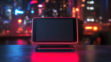 Poster - Neon Lit Tablet Displayed On Dark Surface Against City Lights