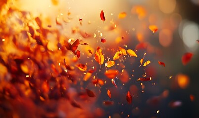 Poster - A vibrant scene showcasing colorful autumn leaves swirling in the air, illuminated by soft sunlight, creating a magical, serene atmosphere.