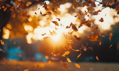Poster - A serene autumn scene featuring golden leaves swirling in the air against a warm sunset backdrop.
