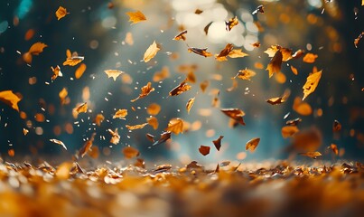 Aufkleber - A vibrant scene of autumn leaves swirling in the air, capturing the essence of fall with a warm, golden atmosphere.