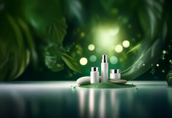 Poster - Elegant skincare set in sleek white and silver packaging, displayed on green sand with smooth stones and lush leaves.  The backdrop features a soft green bokeh effect.
