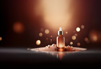 Poster - Amber glass bottle of serum sits on a brown, pearl-like surface, illuminated by warm bokeh lights.  The luxurious product is presented elegantly.