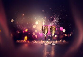 Poster - Two champagne flutes filled to the brim, bubbles rising, set against a shimmering, bokeh-filled background of pink and gold.  Perfect for celebration.