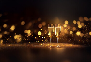 Poster - Two champagne flutes filled to the brim, stand on a shimmering gold surface.  A warm, celebratory bokeh background adds to the festive mood.