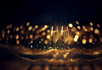 Aufkleber - Two champagne flutes filled to the brim, sparkling against a backdrop of warm, golden bokeh lights and glitter.  A celebratory scene, perfect for toasting.