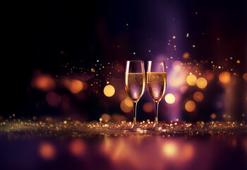 Poster - Two champagne flutes filled to the brim, sparkle against a bokeh background of warm gold and purple lights.  A celebratory scene perfect for toasting.