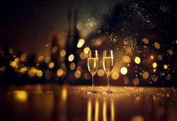 Poster - Two champagne flutes filled with sparkling wine sit on a glittering surface against a bokeh background of warm golden lights.  Perfect for celebration.