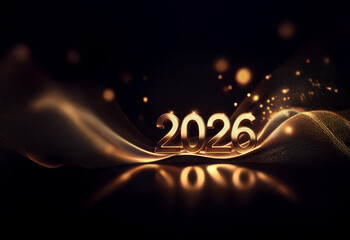 Poster - Gleaming gold 2026 digits rest on a dark, flowing fabric, shimmering with golden light.  A luxurious and celebratory New Year's eve scene.