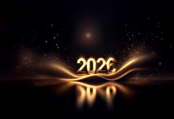 Poster - Golden 2026 numerals shimmer on a dark, luxurious, wavy fabric.  Sparkling dust motes add to the elegant, celebratory feel.