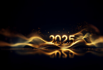 Poster - Golden 2025 numerals rest on elegant, dark gold fabric waves, sparkling with light.  A luxurious New Year's eve celebration image.
