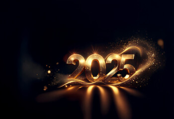 Poster - Glowing golden 2025 numerals rest on a dark, shimmering surface, surrounded by sparkling dust and light.  A celebratory image for the new year.