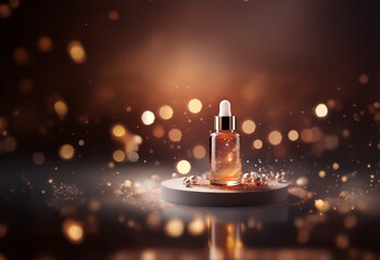 Poster - A luxurious amber serum bottle sits on a gray pedestal, surrounded by pearls and shimmering particles against a bokeh backdrop.  The liquid inside sparkles with golden flecks.