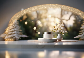 Poster - A luxurious skincare cream jar sits on a marble pedestal, adorned with delicate white flowers in a vase. Soft, sunlit bokeh background.