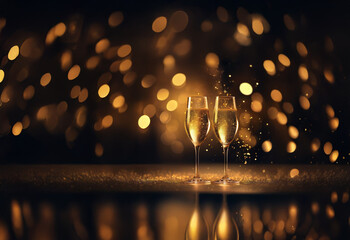 Poster - Two champagne flutes filled to the brim, sparkle and shine against a bokeh background of warm golden lights.  A celebratory, festive image perfect for toasting.