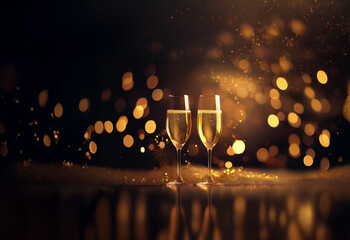 Aufkleber - Two champagne flutes filled to the brim, stand on a shimmering gold surface against a bokeh background of warm, celebratory lights.
