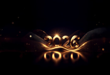 Poster - Golden 2026 digits shimmer on a dark, wavy surface, illuminated by a radiant glow.  A luxurious and celebratory New Year's design.