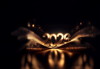 Poster - Golden 2026 numerals rest on a dark, shimmering, wave-like surface.  Sparkling lights add to the luxurious, celebratory feel.  Perfect for New Year's greeting.