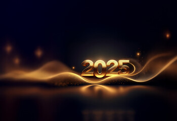 Poster - Elegant gold 2025 digits rest on shimmering, dark waves of light.  A celebratory image perfect for New Year's greetings.