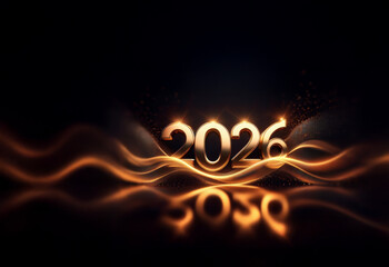 Aufkleber - Glowing gold 2026 numerals rest on elegant, dark, wavy lines.  Sparkling particles add a celebratory feel to this New Year's eve design.